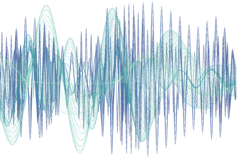 Abstract graphic of many overlapping waves of different frequencies in navy and teal.