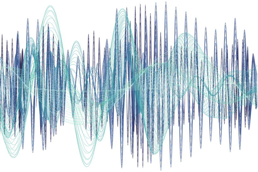 Abstract graphic of many overlapping waves of different frequencies in navy and teal.