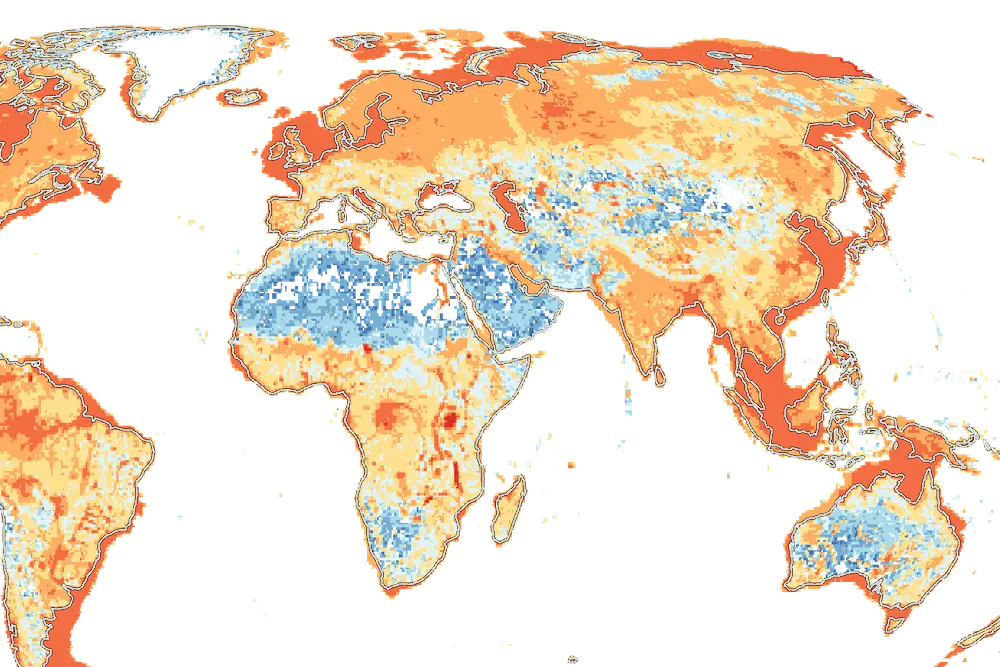 Global map of Europe, Africa and Asia with land shaded from blue to deep orange, outlined by coastlines.