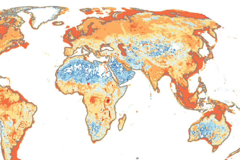 Global map of Europe, Africa and Asia with land shaded from blue to deep orange, outlined by coastlines.